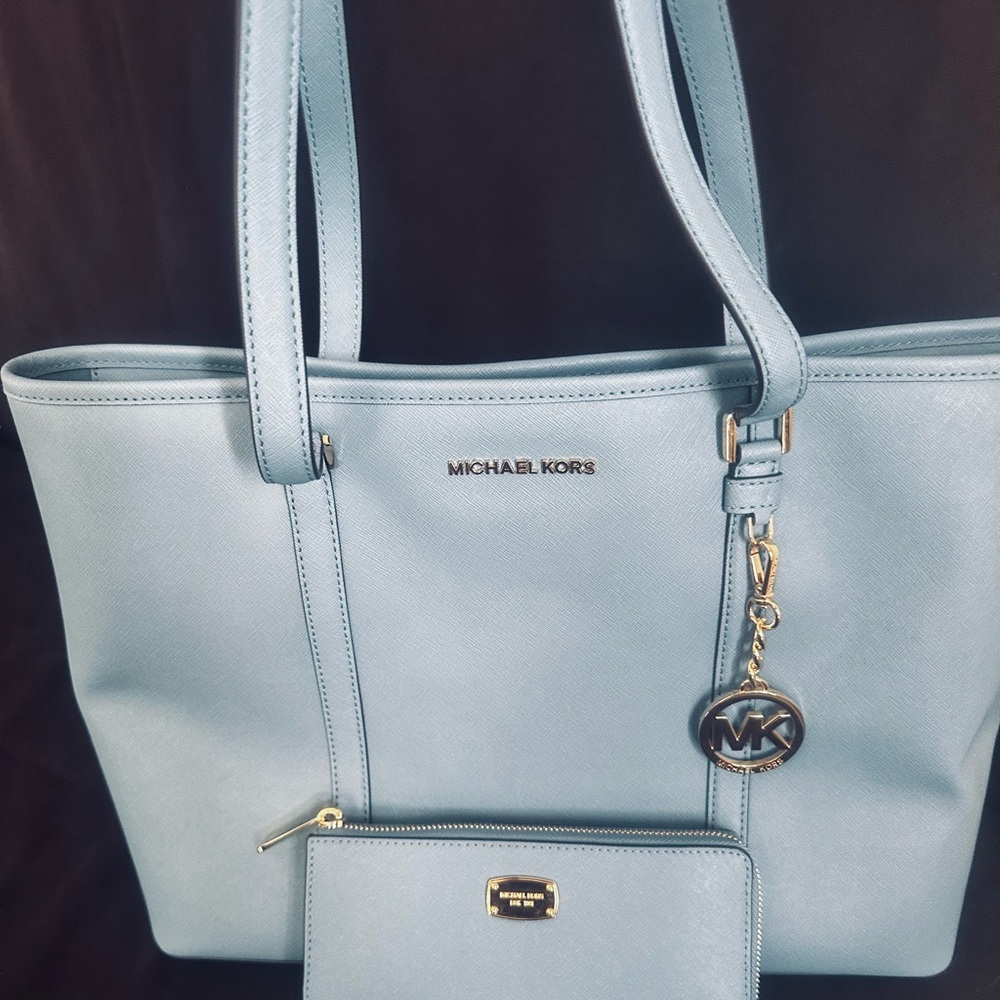 Michael Kors Powder Blue Saffiano Tote with Matching Wallet